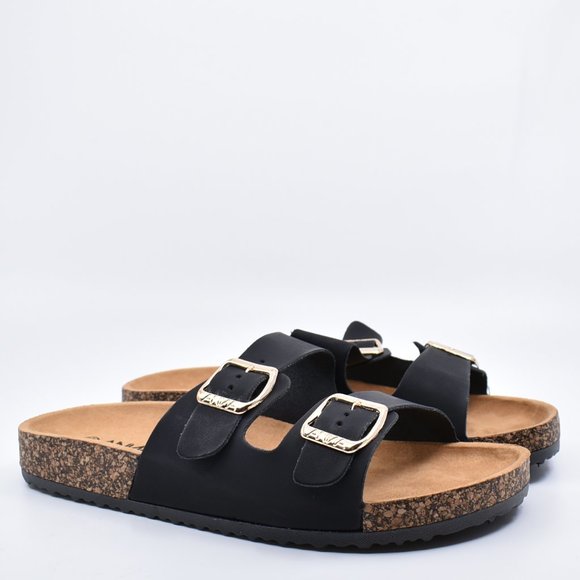 double buckle iridescent slide sandals